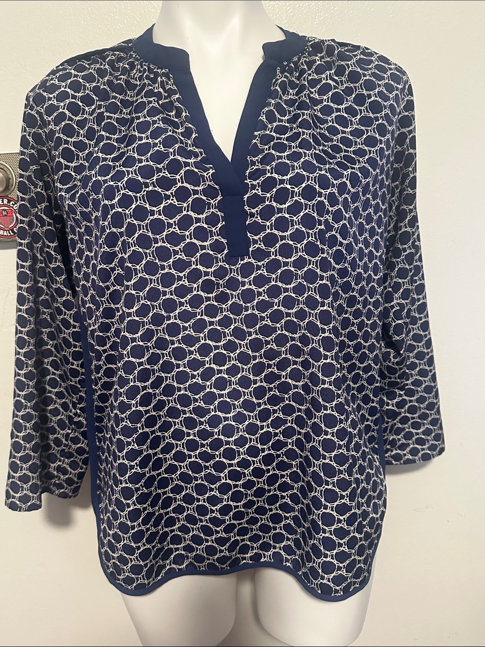 Women's Navy Geometric Split-Neck Blouse